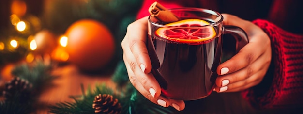 Vino caldo di Natale nelle mani di una donna Alimentazione AI generativa