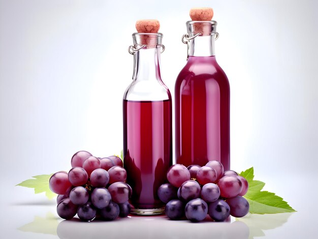 Vino con uva in bottiglia di vetro su uno sfondo chiaro di alta qualità