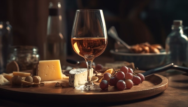 Vino e formaggio gourmet su tavola rustica generati da AI
