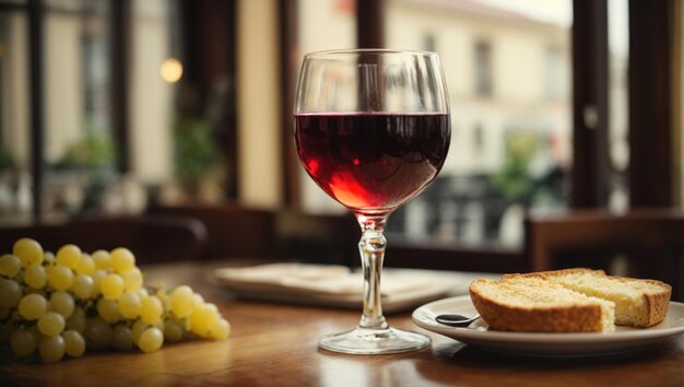 Vino e uva nella caffetteria sul tavolo di legno