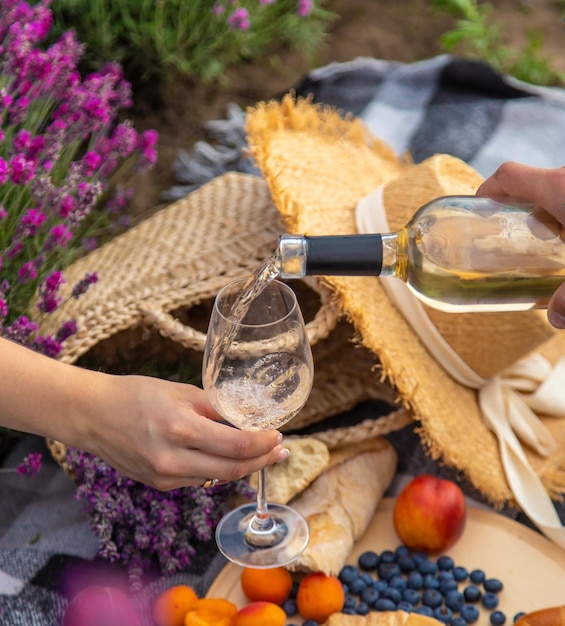 Vino frutta bacche bicchieri di formaggio pic-nic nel campo di lavanda Fuoco selettivo