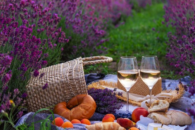 Vino frutta bacche bicchieri di formaggio pic-nic nel campo di lavanda Fuoco selettivo