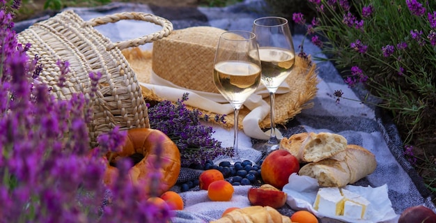 Vino frutta bacche bicchieri di formaggio pic-nic nel campo di lavanda Fuoco selettivo