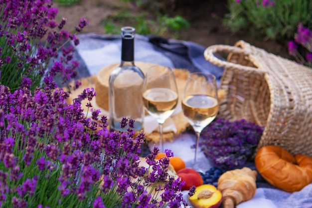 Vino frutta bacche bicchieri di formaggio pic-nic nel campo di lavanda Fuoco selettivo