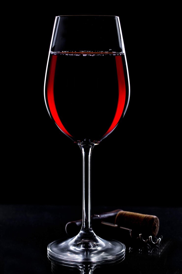 Foto vino in un bicchiere con una bottiglia