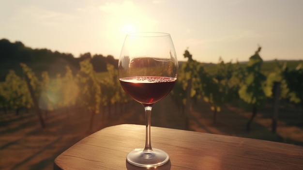 vino in un bicchiere sullo sfondo di un vigneto AI generativa