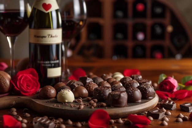 Vino romantico e cioccolatini con rose