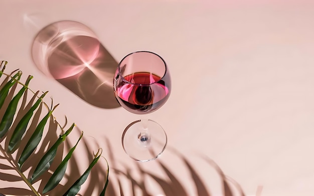 Vino rosa su sfondo beige con ombra di foglia di palma che luccica al sole concetto di riposo estivo vino secco in vetreria creativa vista dall'alto colori pastello