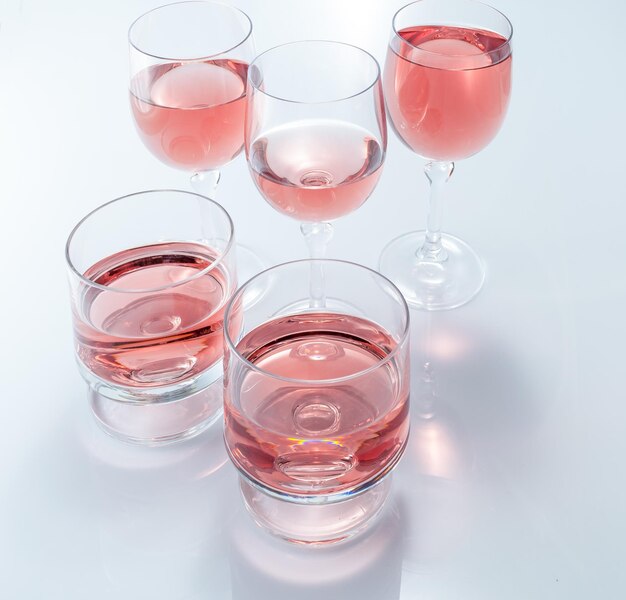 Vino rosato in bicchieri a stelo su sfondo bianco