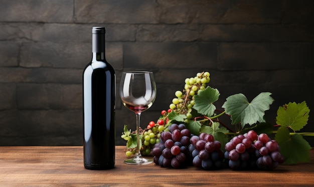Vino rosso classico bottiglia vuota etichetta opaca uva su tavola di legno