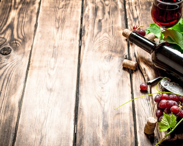 Vino rosso con un ramo di vite su un tavolo di legno