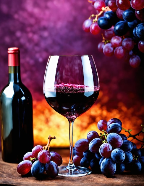 Vino rosso con uva su uno sfondo scuro Focus selettivo ai generativo