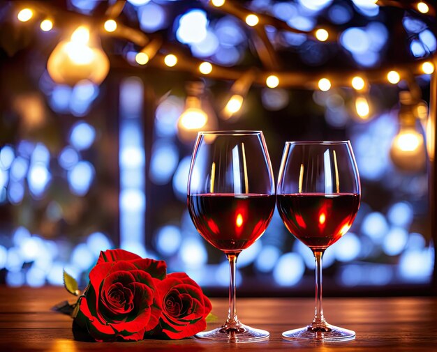 Vino rosso di San Valentino in un bicchiere su un tavolo