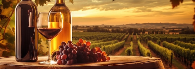 Vino rosso e bianco imbottigliato uve e vigneti come simboli di una vitivinicoltura con un tramonto sullo sfondo IA generativa