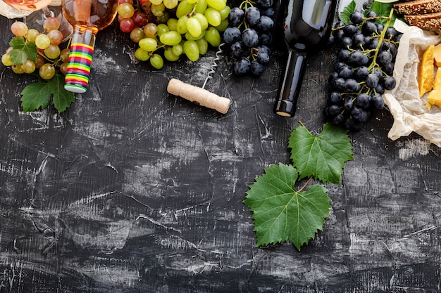 Vino rosso in bottiglie di uva da formaggio con pianta di vite su fondo di cemento scuro