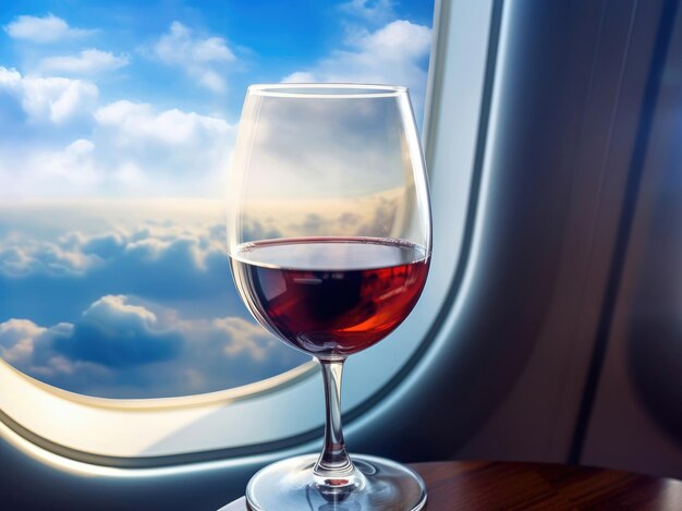 Vino rosso in un bicchiere davanti al finestrino di un aereo