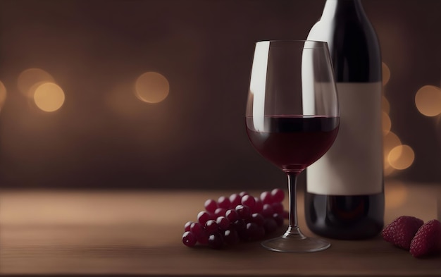 Vino rosso riempito di bicchiere su tavolo di legno Bokeh luci sullo sfondo