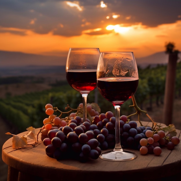 vino rosso su bicchiere al paesaggio della vigna serale