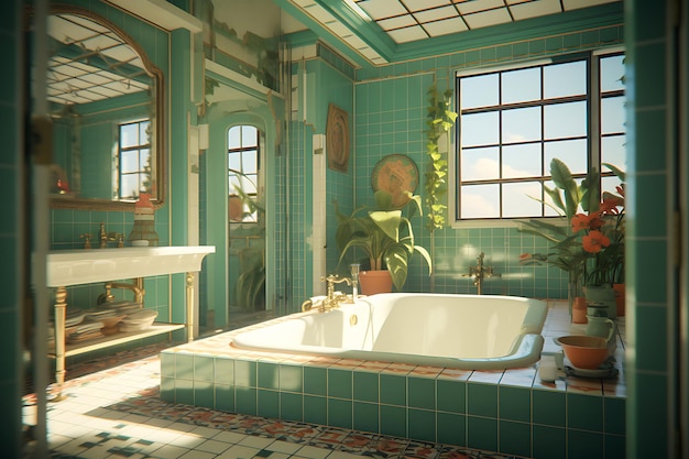 Vintage Bathroom Interior Design Rendering 3D