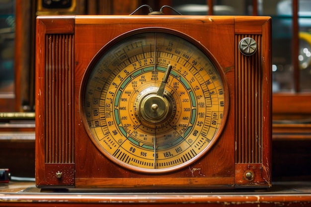 Vintage cabinet radio in legno con display a quadrante sullo scaffale di un negozio di antiquariato Classic Broadcast Receiver