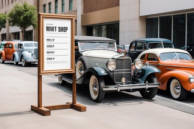 Vintage Car Show Vehicle Information Signage Mockup con spazio bianco vuoto vuoto per posizionare il tuo design