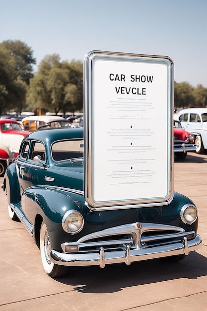 Vintage Car Show Vehicle Information Signage Mockup con spazio bianco vuoto vuoto per posizionare il tuo design