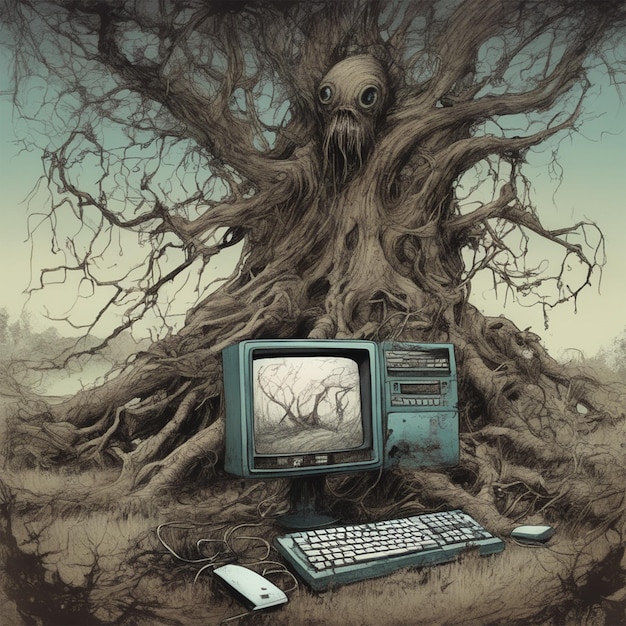 Vintage Comic Style Monster Tree con un computer vintage Imaginary Landscape Fantasy Picture