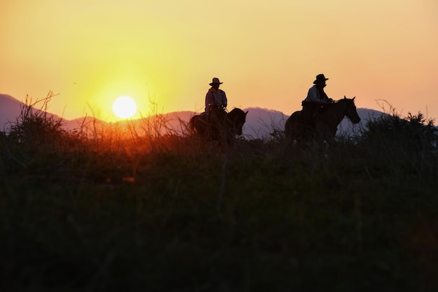 Vintage e ombra di un gruppo di cowboy al galoppo a cavallo al tramonto