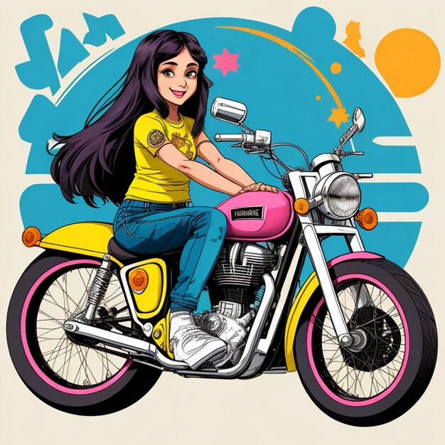 Vintage Goa Vibes Retro Royal Enfield Bike con Hippy Girl Graffiti Art Tshirt Design con ciclo