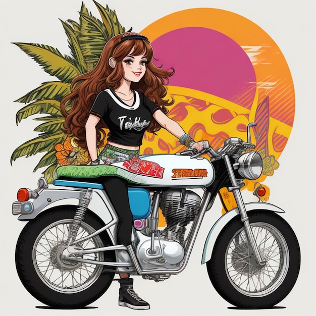 Vintage Goa Vibes Retro Royal Enfield Bike con Hippy Girl Graffiti Art Tshirt Design con ciclo