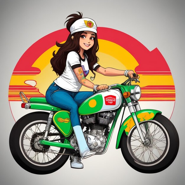 Vintage Goa Vibes Retro Royal Enfield Bike con Hippy Girl Graffiti Art Tshirt Design con ciclo