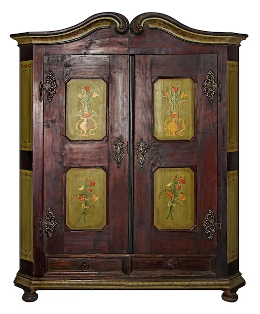 Vintage painted wooden wardrobe isolated with Clipping Path on white background