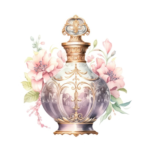 Vintage Pastel Perfume Bottle Acquerello Clipart con motivi floreali e atomizzatore