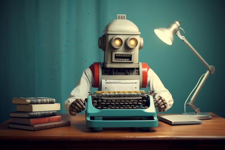 Photo vintage robot typewriter in action generative ai