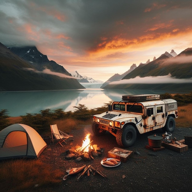 Vintage ruggido camper van vicino al fuoco di campo dalla nebbia del lago di montagna in lontananza al tramonto