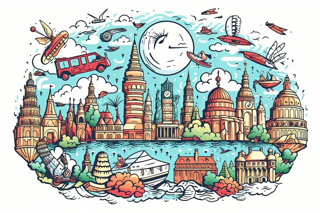 Vintage Travel and tourism doodle illustration clipart e elementi di vacanza disegnati a mano contorno su sfondo bianco