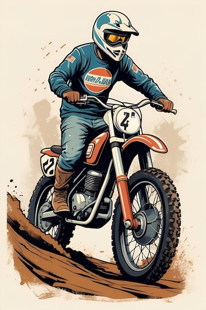 Vintage Vibe Retro Dirt Bike Cartoon con texture invecchiate dal design classico e colori nostalgici