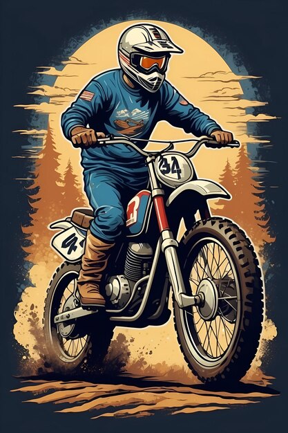 Vintage Vibe Retro Dirt Bike Cartoon con texture invecchiate dal design classico e colori nostalgici