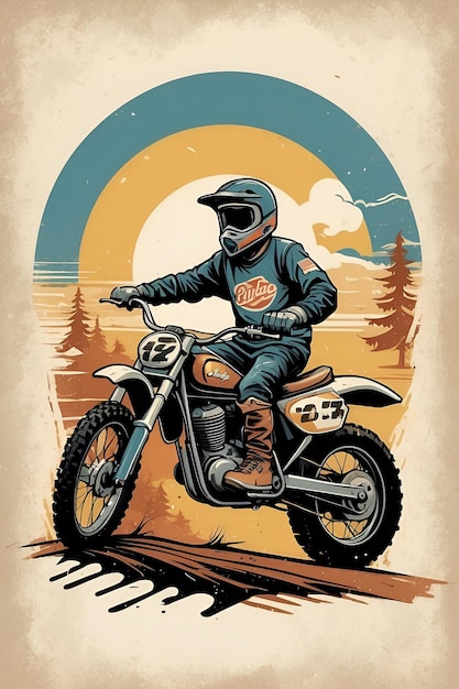 Vintage Vibe Retro Dirt Bike Cartoon con texture invecchiate dal design classico e colori nostalgici
