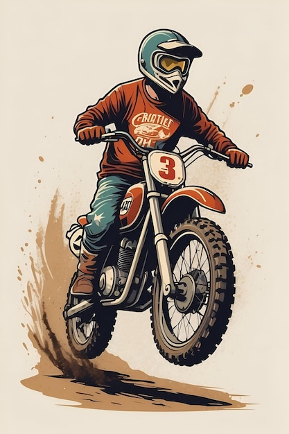 Vintage Vibe Retro Dirt Bike Cartoon con texture invecchiate dal design classico e colori nostalgici