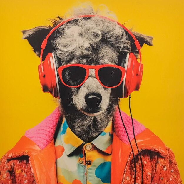 Vintage Vibes Album Art e poster con ritratto hipster di un cane antropomorfo generato dall'IA