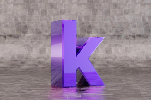 Viola 3d lettera K minuscola. Lettera indaco lucida sul fondo delle mattonelle. Alfabeto metallico con riflessi di luce da studio. carattere di carattere reso 3D.