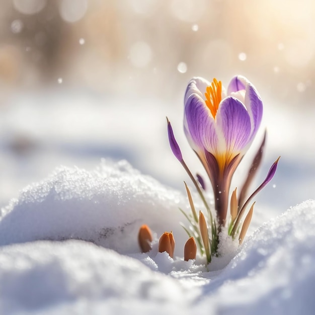 Viola Crocus fiore di primavera che cresce nella neve