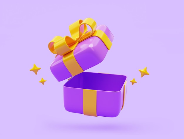 Viola scatola regalo aperta sorpresa minima presente saluto celebrazione promozione sconto vendita ricompensa icona illustrazione 3D