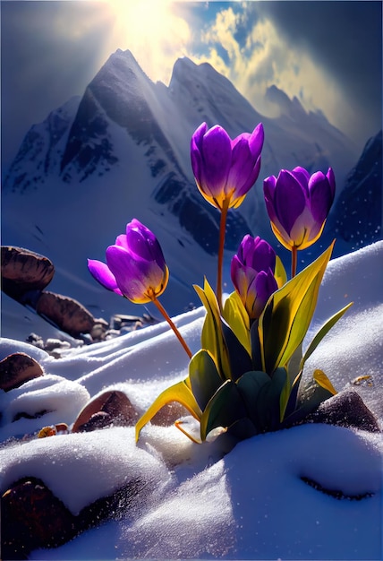 Viola tulipani in montagne innevate Un'esplosione di luce solare tra le nuvole