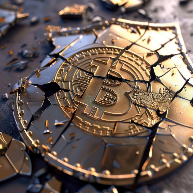 Violazione della cibersicurezza Uno scudo rotto con logo Bitcoin che rappresenta la vulnerabilità delle risorse digitali all'hacking