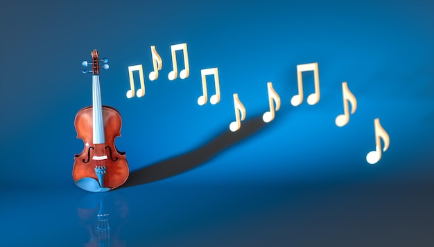 Violino classico con note su uno sfondo blu, 3d'illustrazione