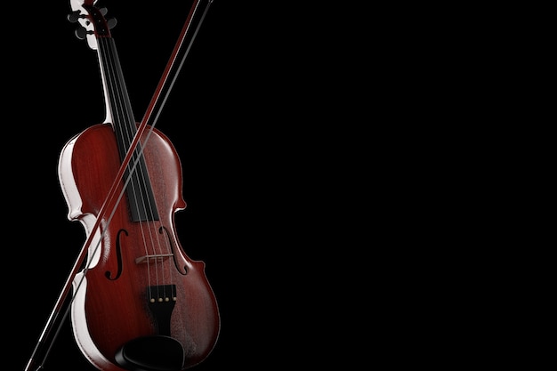 Violino classico in legno con fiocco su sfondo nero. Rendering 3D