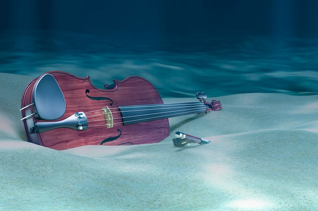 Violino e arco sul fondo dell'oceano rendering 3D subacqueo