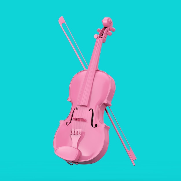 Violino rosa classico con fiocco in stile bicolore su sfondo blu. Rendering 3D